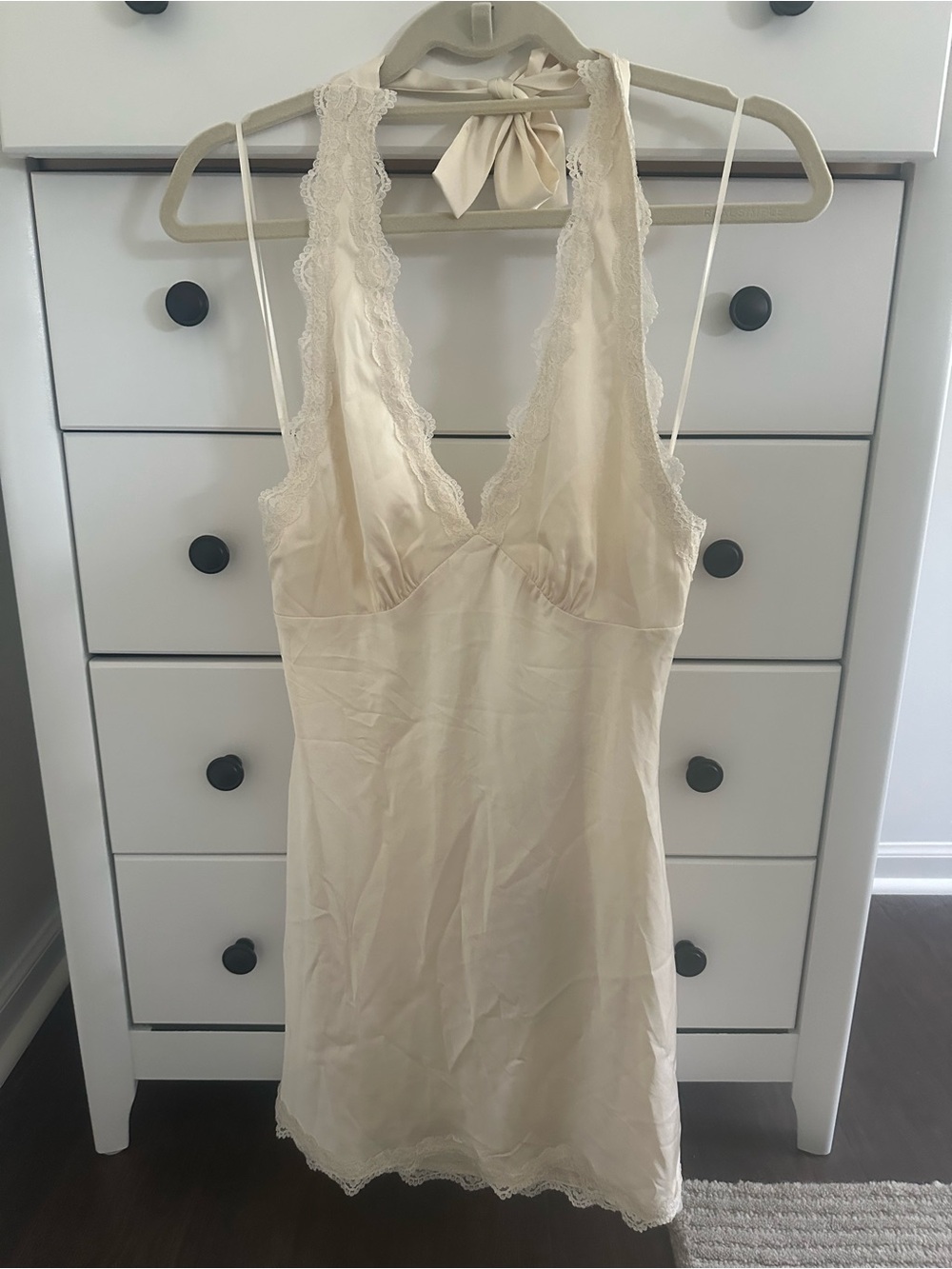 REVOLVE Cream Lace-Trim Mini Dress